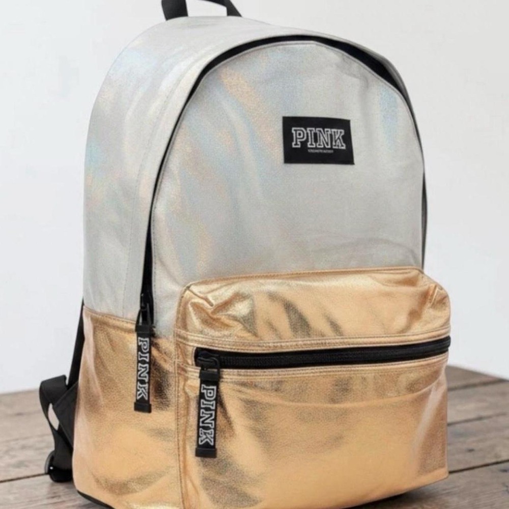 Victorias Secret PINK Campus Backpack Silver Gold MetallicLarge Bookbag RARE